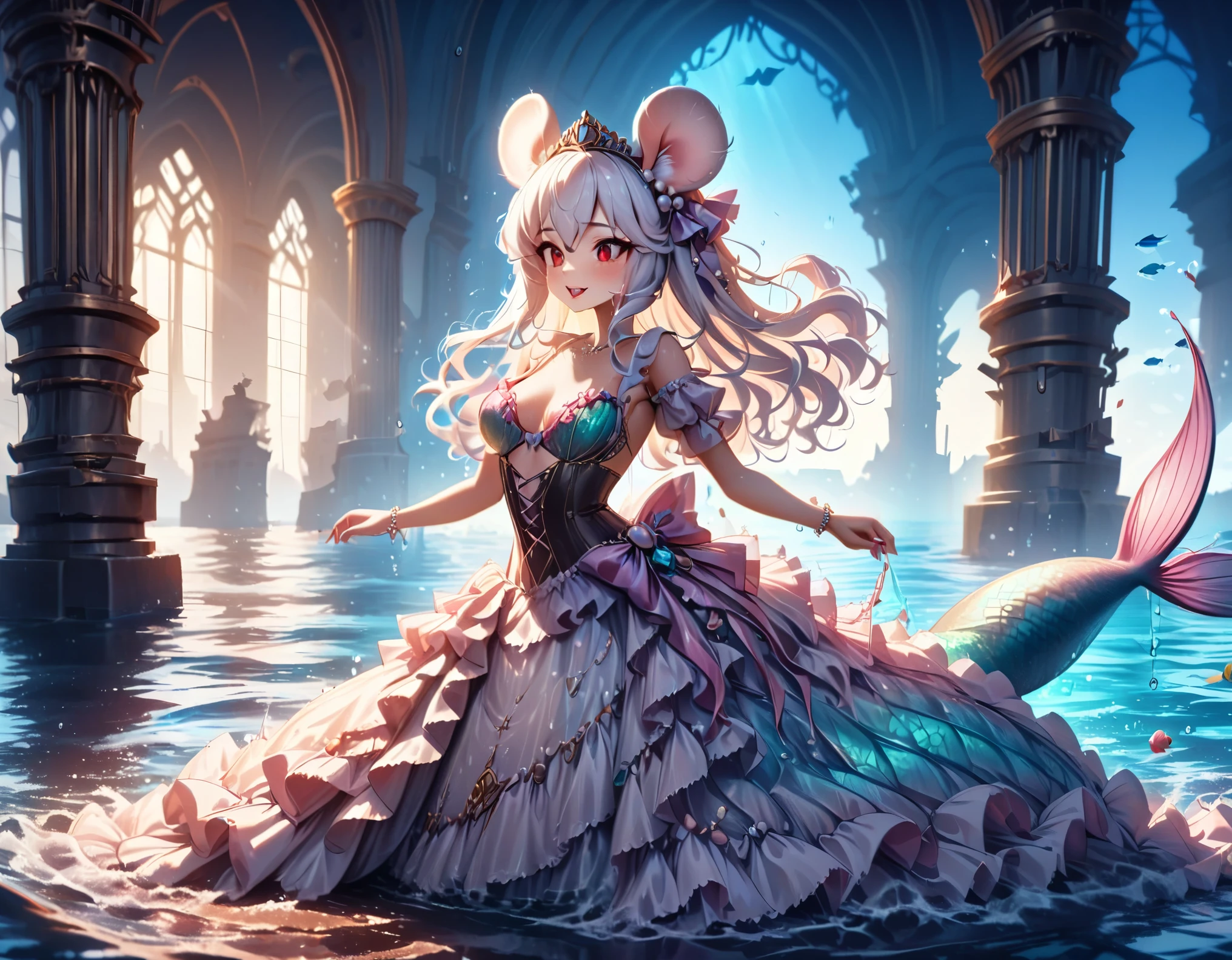 (best quality,4k,8k,highres,masterpiece:1.2),ultra-detailed, drawn in anime style, Pretty anthropomorphic albino mouse girl magically transformed into a beautiful mermaid princess, race swap, fantastic transformation, sharp teeth, beautifully detailed lips with lipstick, she’s smiling, steampunk, fishlike, wet body, very long curly white hair adorned with hair accessories, red eyes with long eyelashes, white fur, slim body, red manicured nails, whiskers, mouse ears with pearls hanging from them, long mermaid tail below waistline with shimmering cyan fish scales, pelvic and dorsal fins, a pair of fish gills on her torso, highly detailed seashell bra with intricate patterns, pearl bracelets, pearl necklace, tiara made of seashells, cute princess dress, physically-based rendering,gorgeous frilly dress design,flowing gown,elaborate details,rich textures,contrast stitching,delicate ribbon bows,fish scales accents, translucent skirt,fitted waistline,lace-up back,luxurious fabrics,flawless silhouette, joyful expression, sparkling water, water reflections, ethereal atmosphere, subtle glow, whimsical and enchanting, , underwater castle interior, intricately decorated throne room, magical underwater lighting, vivid colors, breathing underwater, endless ocean depths, light filtering through the water, Highly detailed, masterpiece, high quality, 4K.