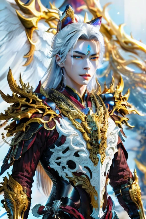 Handsome young xianxia protagonist,man,guy,long silver hair, Crimson red and golden amber eyes combination ,eyes focus detailed((no noice)),(((no noice))),and long silver hair with white undertone,and the golden rune motiv scratched on his forehead((no noice)),use armour featuring like pattern on furr of white Tiger chinese with white dominant color,pauldron protective shape like dragon head,breastplate featuring like white Tiger,breastplate detailed white Tiger shape,shoulder protective dragon shape like white Tiger,sun and moon background, white dominant color,white dominant color, white dominant color armour,with majestic silver line , ((no noice))And majestic golden wings at back,wings at back,terrifying aura around,24K ultra hd,face and eyes detail,lips and face detail,masterpiece ,better quality,ultraa realistic face((no noice)),good face proportion,eyes detailed,((perfect face)),perfect eyes ,perfect face proportion,((balance proportion of face)),((balance and perfect left and right eyes proportion)),((masterpiece))