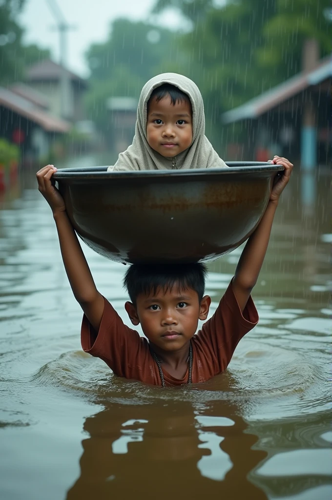 create real photo, an indonesian handsome boy is partially submerged in flood water up to their neck. he is holding a large, round basin on his head with both hands. The basin contains an indonesian hijab girl sitting inside it. The boy's face is visible, looking directly at the viewer with determined eyes and puffed cheeks, likely in an effort to stay afloat. the rural city is flooded environment. raining. The lighting is natural outdoor conditions. The scene invokes a sense of resilience and protection, dramatic, photogenic, UHD.