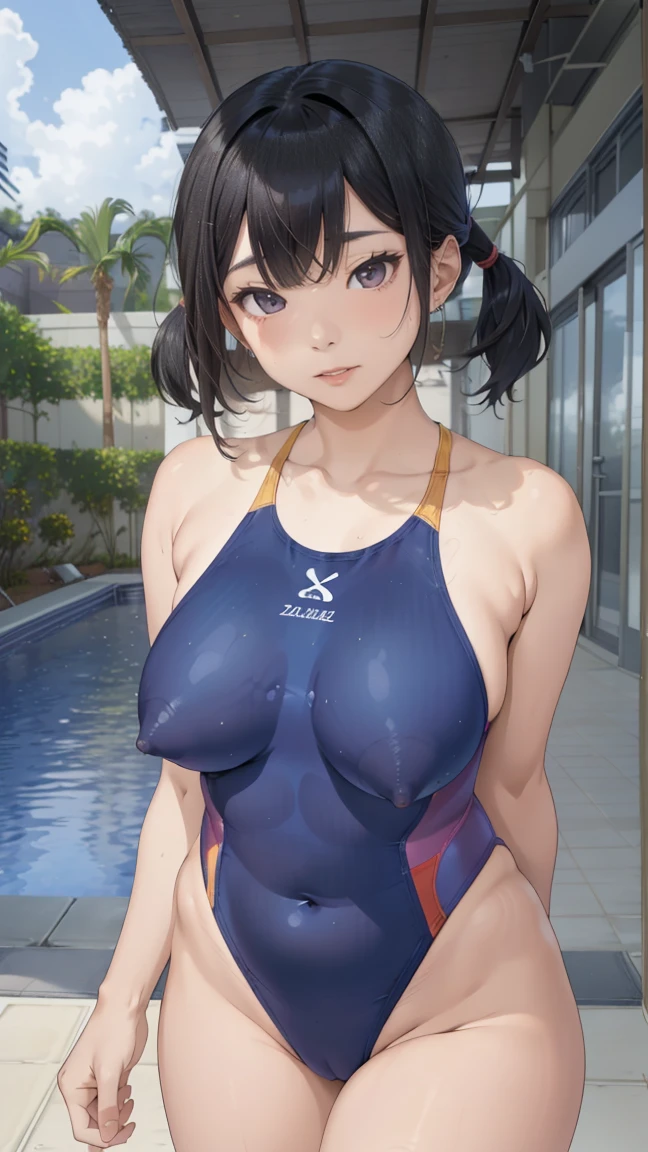 Highest quality, Official Art, masterpiece, Fabric Shading, High resolution, Very detailed, colorful, Indoor swimming pool, Best details, (Adult,30 years old, Mature Woman, conversion:1.5, Female dog, short hair, Black Hair, Twin tails、Clear, beautiful eyes、Tired Hair, Pink Swimsuit:1.5, Center of chest, Puffy nipples:1.3, skinny:1.5, Camel Toe:1.5, Public indecency:1.5, Beach:1.5, derogatory, people々Surrounded by:1.5 ,smile