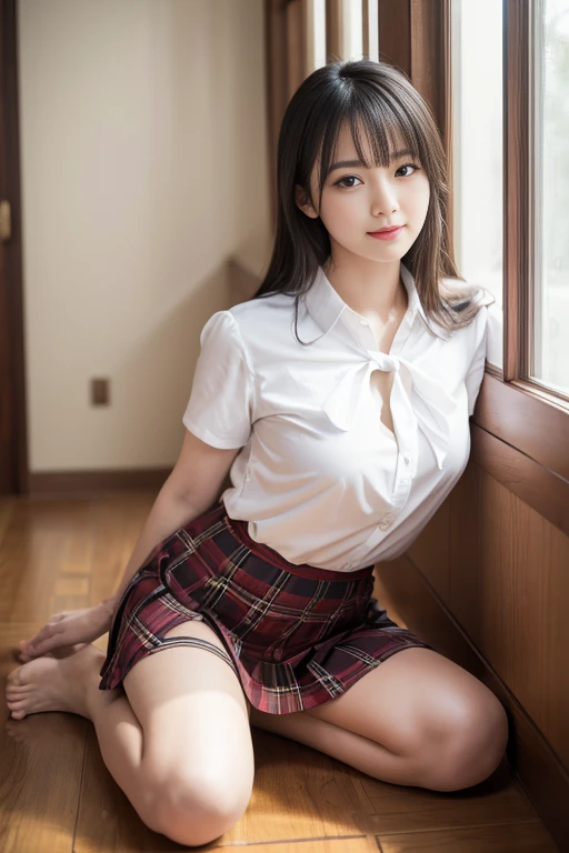 8k, RAW Photos, Highest quality, masterpiece:1.2), masterpiece, Highest quality, shape, Very detailed, The finer details, High resolution, 8k,wallpaper, Perfect dynamic composition,(High quality with attention to detail, Realistic depiction of eyes:1.3)、Hands tied、A woman tied up、Put your arms around my back, Tie your hands behind your back, Sitting with my feet together on the floor of a bright gym、Stand in front of each other with knees bent、with legs wide open,、Tartan Check Pleated Skirt、whole body、White panties are visible、The whole thing faces forward、２１talent、beauty、Well-formed face、Even out the eyes、Beautiful black hair、Bangedium Build、Balanced proportions、Beautiful feet、Short sleeve blouse、Fresh face、Beautiful views、smile、Big Tits 1.4
