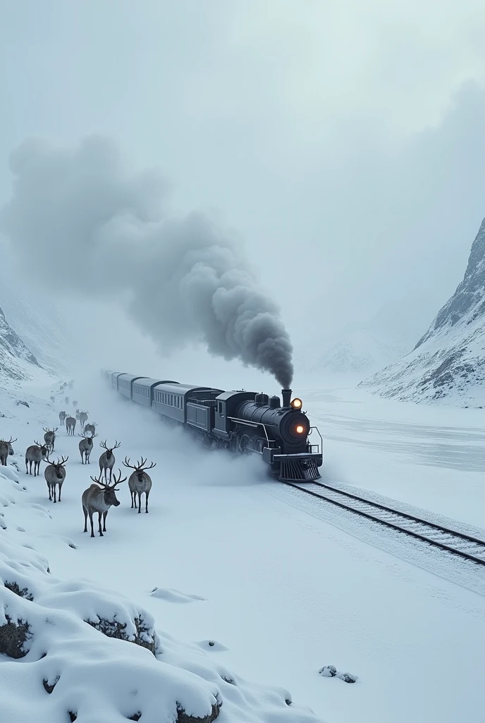 Train in snowy hills and icy lake with a lot of reindeers.and blizzard fog