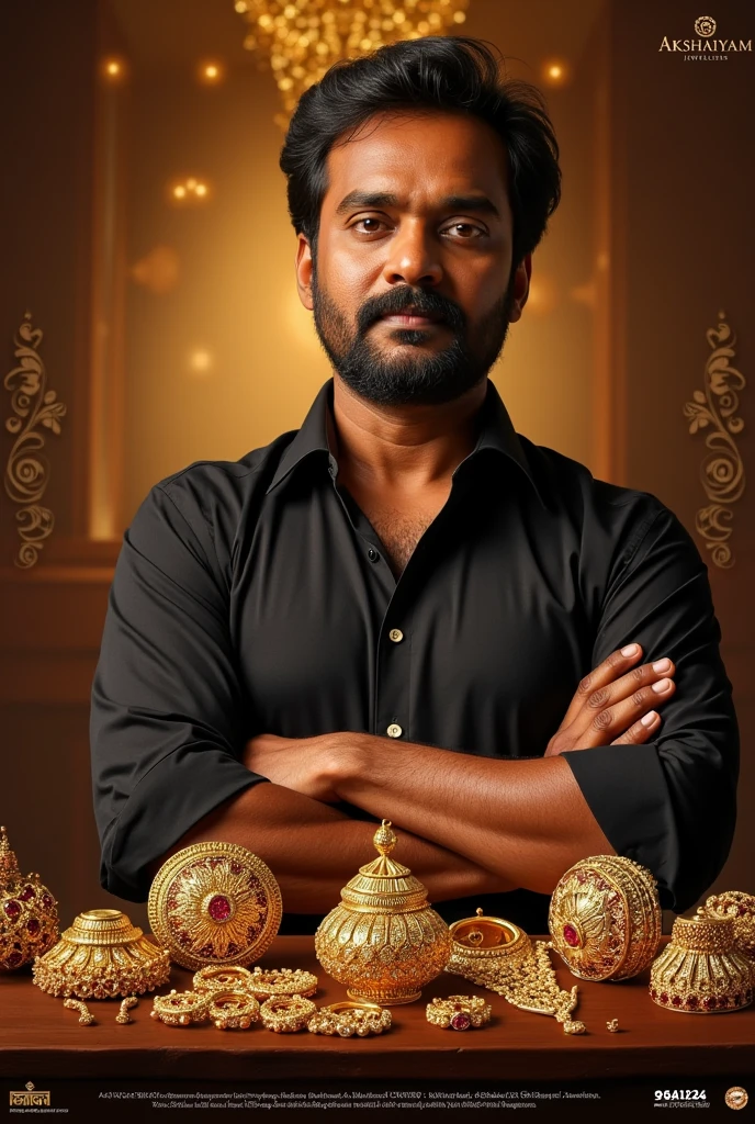Create poster for akshaiyam jewellers with gold and silver and dimonds are available use actor Vijayakanth for brand ambassador