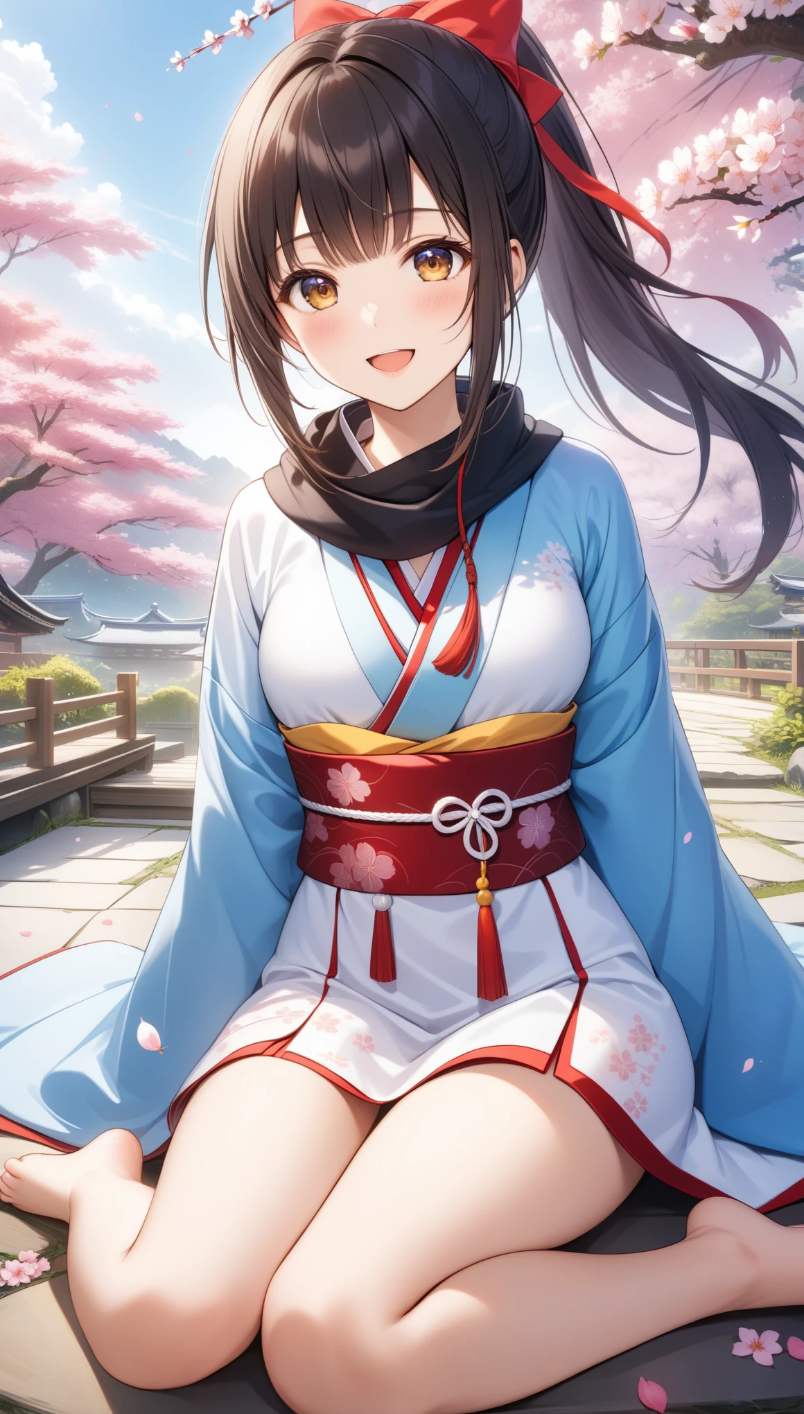 1girl, solo, looking at viewer, blush, smile, open mouth, bangs, black hair, long sleeves, dress, bow, ribbon, jewelry, sitting, hair ribbon, ponytail, :d, hair bow, japanese clothes, barefoot, wide sleeves, kimono, necklace, scarf, white dress, petals, bare legs, wariza, cherry blossoms, haori, black scarf, shinsengumi, ((32k)), ((best quality)), ((ultra high res)), ((HDR)), ((UHD)), ((extremely detailed CG)), ((unity 32k wallpaper)), 