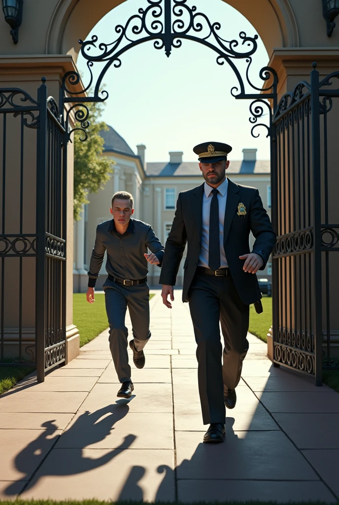 A school guard chasing a man outside the gate
