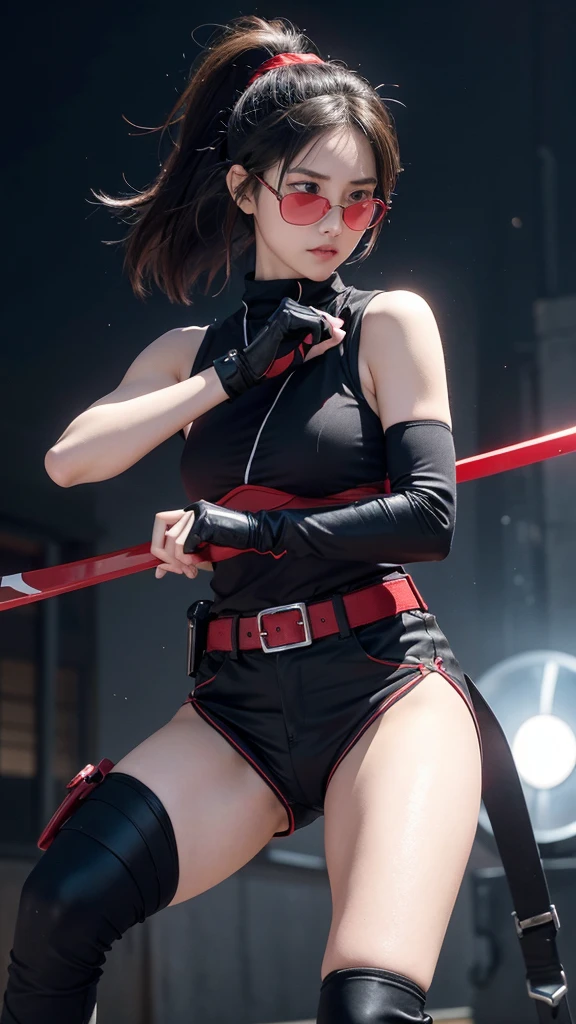 A realistic portrayal of a young female ninja, around 1, with an athletic build and a confident, determined expression. She has light skin and short, slightly wavy black hair that reaches her chin. One of her eyes is black, and the other glows bright red, hinting at a special power. She wears a ninja headband with her village's symbol on the metal plate and red rectangular glasses, giving her an intelligent, agile look. She is dressed in a sleeveless dark red shirt, black shorts, and black ninja sandals. Her hands are covered by combat gloves that extend to her forearms, and white bandages are wrapped around her legs. She carries a weapons pouch attached to her belt. The scene captures her in a confident stance, with a faint aura of energy radiating from her, indicating her inner strength and readiness for action. The background is a minimalist setting, focusing on the character’s presence and power