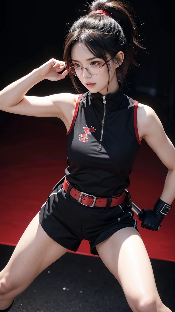 A realistic portrayal of a young female ninja, around 1, with an athletic build and a confident, determined expression. She has light skin and short, slightly wavy black hair that reaches her chin. One of her eyes is black, and the other glows bright red, hinting at a special power. She wears a ninja headband with her village's symbol on the metal plate and red rectangular glasses, giving her an intelligent, agile look. She is dressed in a sleeveless dark red shirt, black shorts, and black ninja sandals. Her hands are covered by combat gloves that extend to her forearms, and white bandages are wrapped around her legs. She carries a weapons pouch attached to her belt. The scene captures her in a confident stance, with a faint aura of energy radiating from her, indicating her inner strength and readiness for action. The background is a minimalist setting, focusing on the character’s presence and power