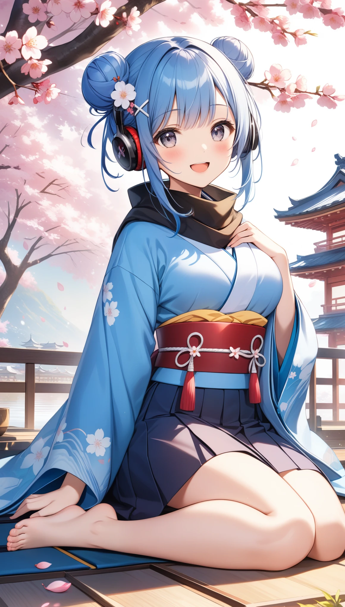 1girl, solo, breasts, looking at viewer, blush, smile, open mouth, bangs, skirt, hair ornament, long sleeves, sitting, blue hair, :d, japanese clothes, barefoot, wide sleeves, kimono, hair bun, scarf, grey eyes, petals, double bun, headphones, wariza, x hair ornament, cherry blossoms, hakama, hakama skirt, haori, black scarf, shinsengumi, ((32k)), ((best quality)), ((ultra high res)), ((HDR)), ((UHD)), ((extremely detailed CG)), ((unity 32k wallpaper)), 