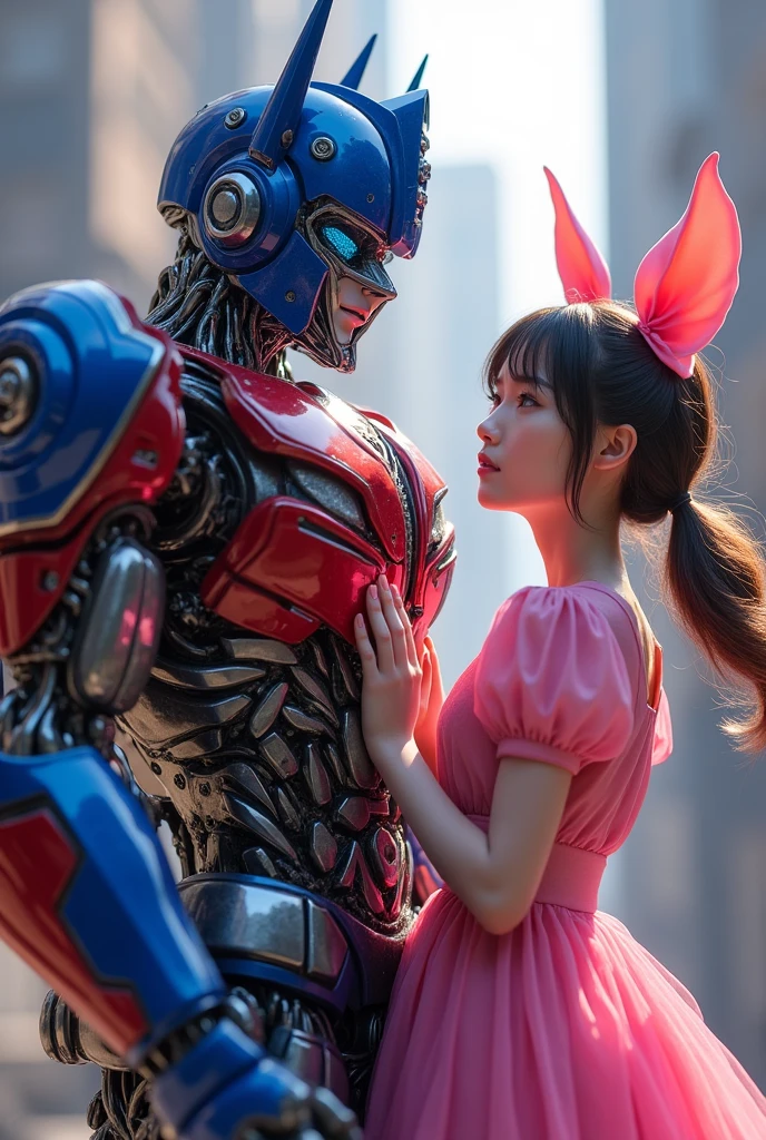 a detailed portrait of Optimus Prime, a large robotic humanoid figure, standing next to a young woman named Rika Kawai, who has a pig-like appearance with pig ears and a snout, beautiful detailed eyes, beautiful detailed lips, extremely detailed eyes and face, long eyelashes, wearing a cute pink dress, photorealistic, 8k, highly detailed, masterpiece, cinematic lighting, dynamic composition, vibrant colors, futuristic sci-fi setting