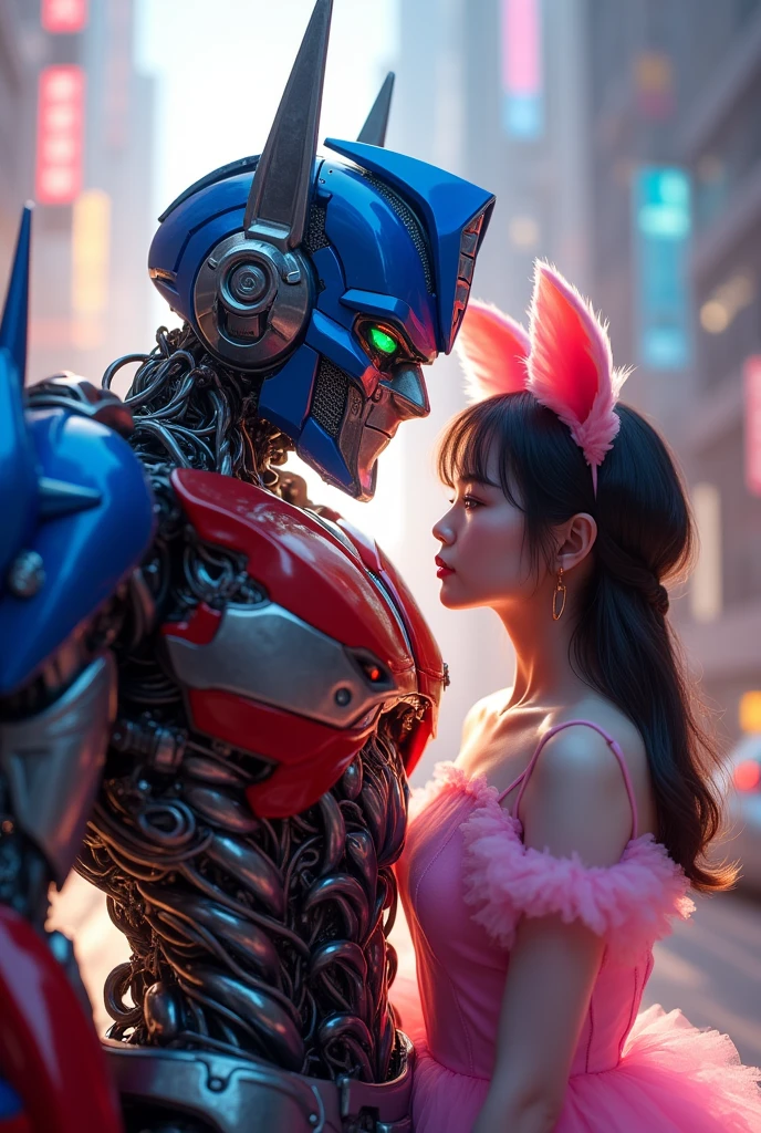 a detailed portrait of Optimus Prime, a large robotic humanoid figure, standing next to a young woman named Rika Kawai, who has a pig-like appearance with pig ears and a snout, beautiful detailed eyes, beautiful detailed lips, extremely detailed eyes and face, long eyelashes, wearing a cute pink dress, photorealistic, 8k, highly detailed, masterpiece, cinematic lighting, dynamic composition, vibrant colors, futuristic sci-fi setting