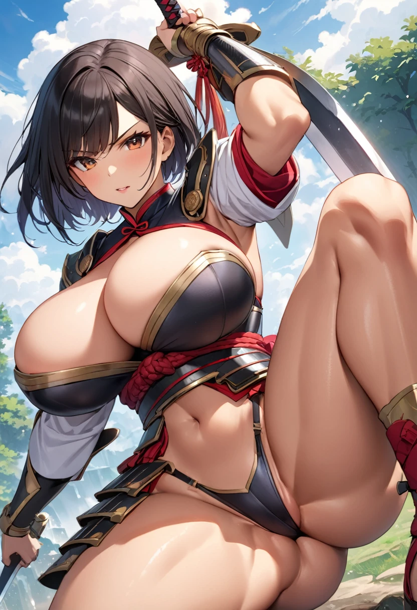 ((One Japanese woman))、((Fighting Women))、((Kenshu))、((Uplifting))、((Speed))、((Leg spread))、((Jump))、((Swinging the Sword))、(Irregular black hair)、(short hair)、(Brown Skin)、((Warrior Princess))、((Female Generals))、(Goddess of War)、((White old Japanese armor))、((Holding the Japan sword))、(True to prompts)、(Deluxe)、(Feminine hourglass curves)、(Muscular)、(Glaring with sharp eyes)、(sexy)、(((Huge huge breasts)))、(Big Ass)、(Thick thighs)、((Outdoor))、((what'Left behind))、((Large number of spectators))、((sunny))、((blue sky))、(Best lighting)、{{{Browsing Caution}}}、{{{masterpiece}}}, {{{Highest quality}}}, {{ultra-detailed}}, {{shape}}, {{{Very delicate and beautiful}}},{{extremely detailed CG}}、{{unity 8k portrait}}、{{Fabric Shading}}、{{super detailed skin}}、{{Perfect Anatomy}}、{{detailed}}、{{Dynamic Lighting}}、{{{beautiful detailed eyes}}}、{{{beautiful detailed Face}}}、{{{Realistic, RAW Photos}}}、(Perfect Face)、(非常にdetailedな顔)、(Perfect Eyes)、(Perfect Legs)、(Perfect breasts)、(Perfect pose)、(Perfect body)