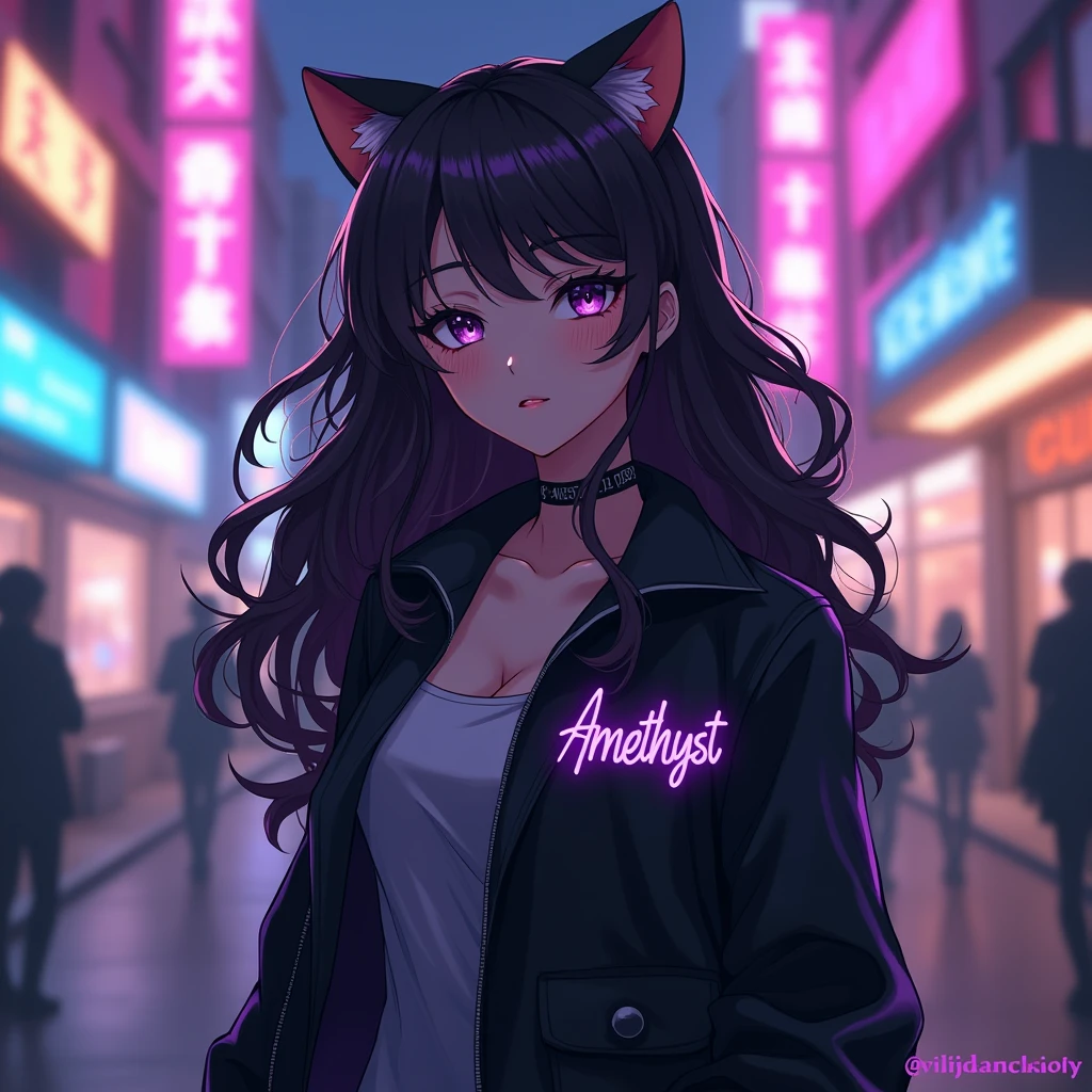 half body anime girl with long curly hair wearing black aesthetic jacket outfit with cat ears and with a purple text "amethyst" on her left part of her clothes, in citylights background, front view