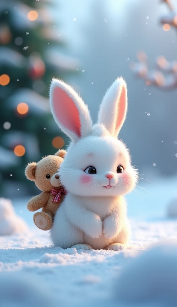 There is snow all around and the snow is falling as well. There is a Christmas tree behind. There is a small white coloured rabbit whose hair is like feathers looking very cute and innocent.and there is a small teddy bear. who is brown in colour and is innocent like a dog. The teddy bear is sleeping sitting on the back of the rabbit.image in 3d animation