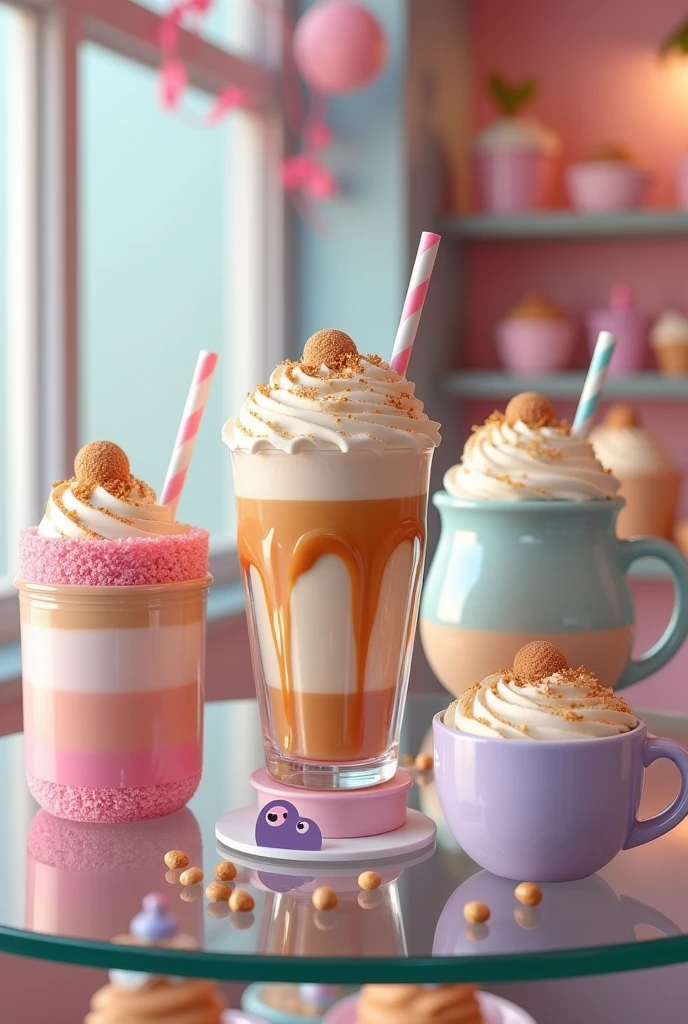 [ultra-realistic 4K render, kawaii cupcake-inspired gourmet drinks in a pastry shop, exaggerated yummy style, Instagram-ready] In a pastel-themed pastry shop, 7 kawaii cupcake-inspired caramel hazelnut coffee drinks are showcased. The first set features pastel pink mason jars filled with layers of caramel, hazelnut syrup, creamy milk, and coffee, topped with whipped cream, rainbow sprinkles, and mini cupcakes. The rims are dipped in crushed candy for added sweetness.

Another set presents pastel blue glass mugs of iced coffee, topped with towering whipped cream, caramel drizzle, edible glitter, and cute chocolate wafers. Crystal-clear ice cubes inside contrast with the rich textures.

Lastly, lavender ceramic cups display hot caramel lattes with intricate latte art and whipped cream, drizzled with caramel, and sprinkled with hazelnuts and glitter. Each cup is surrounded by mini macarons and candy sprinkles.

The drinks are arranged on a glass shelf, surrounded by pastel pastry boxes and beautifully decorated cupcakes. Soft, warm lighting enhances the rich textures and kawaii charm, creating an irresistible, Instagram-worthy display.
