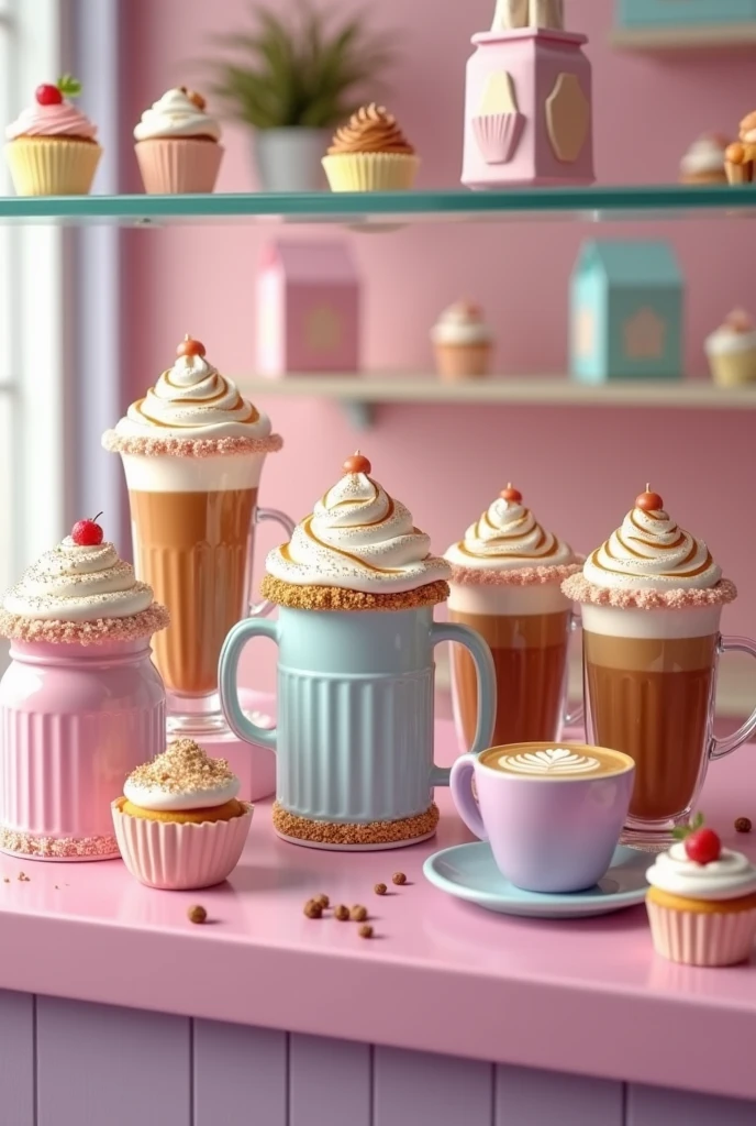 [ultra-realistic 4K render, kawaii cupcake-inspired gourmet drinks in a pastry shop, exaggerated yummy style, Instagram-ready] In a pastel-themed pastry shop, 7 kawaii cupcake-inspired caramel hazelnut coffee drinks are showcased. The first set features pastel pink mason jars filled with layers of caramel, hazelnut syrup, creamy milk, and coffee, topped with whipped cream, rainbow sprinkles, and mini cupcakes. The rims are dipped in crushed candy for added sweetness.

Another set presents pastel blue glass mugs of iced coffee, topped with towering whipped cream, caramel drizzle, edible glitter, and cute chocolate wafers. Crystal-clear ice cubes inside contrast with the rich textures.

Lastly, lavender ceramic cups display hot caramel lattes with intricate latte art and whipped cream, drizzled with caramel, and sprinkled with hazelnuts and glitter. Each cup is surrounded by mini macarons and candy sprinkles.

The drinks are arranged on a glass shelf, surrounded by pastel pastry boxes and beautifully decorated cupcakes. Soft, warm lighting enhances the rich textures and kawaii charm, creating an irresistible, Instagram-worthy display.
