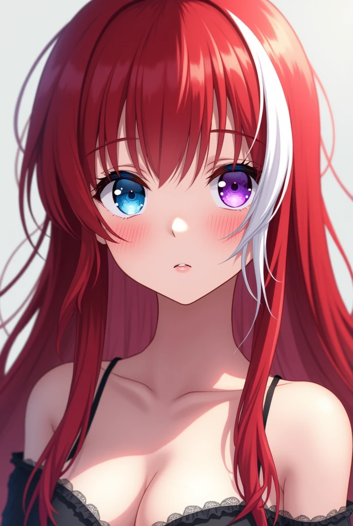Long red hair with a long white lock , One eye is blue and the other eye is purple., beautiful medium bust, with freckles . anime