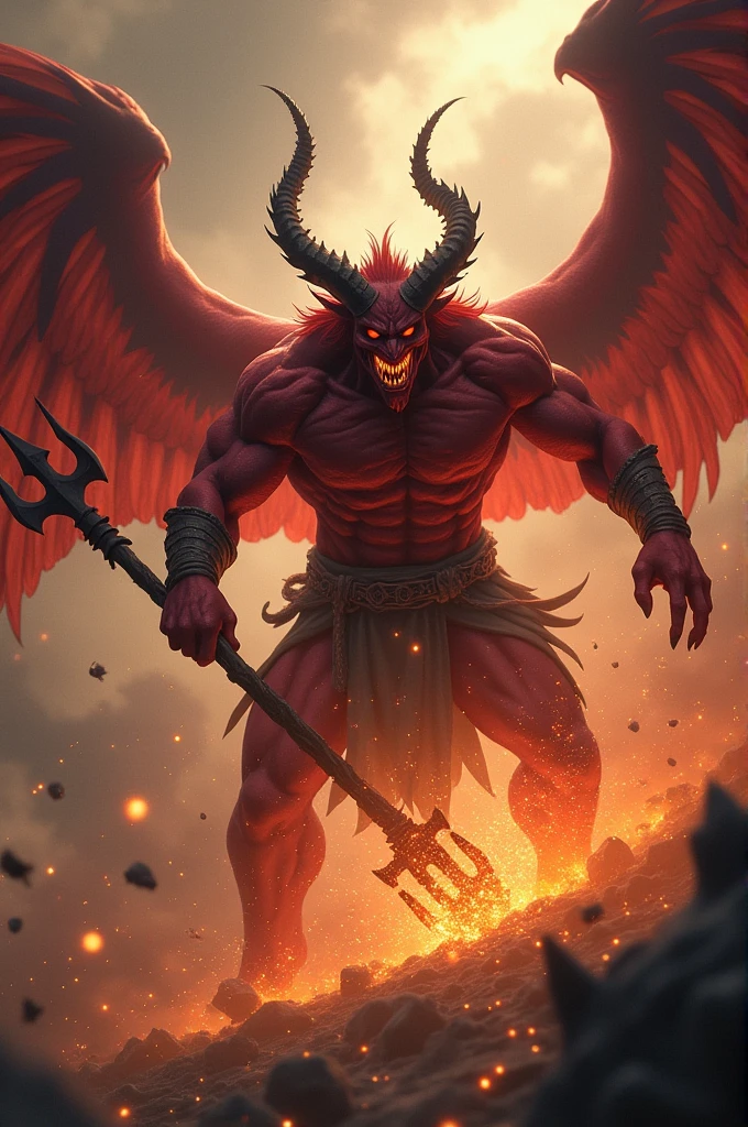 Trident-wielding demon fights with phoenix
