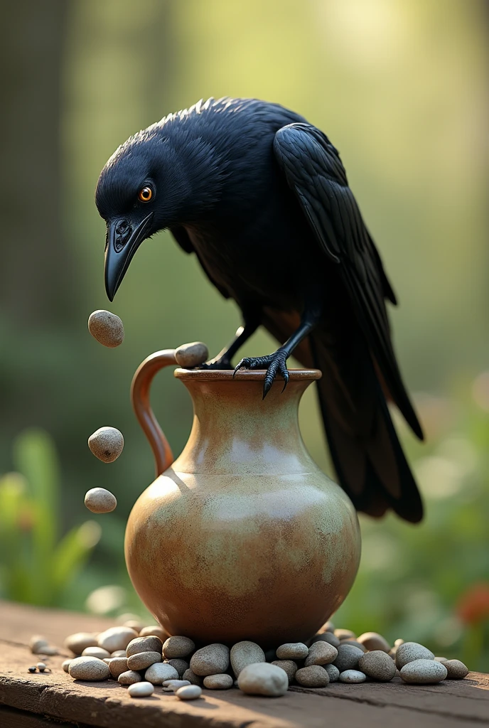 Crow throwing pebbles in the jug