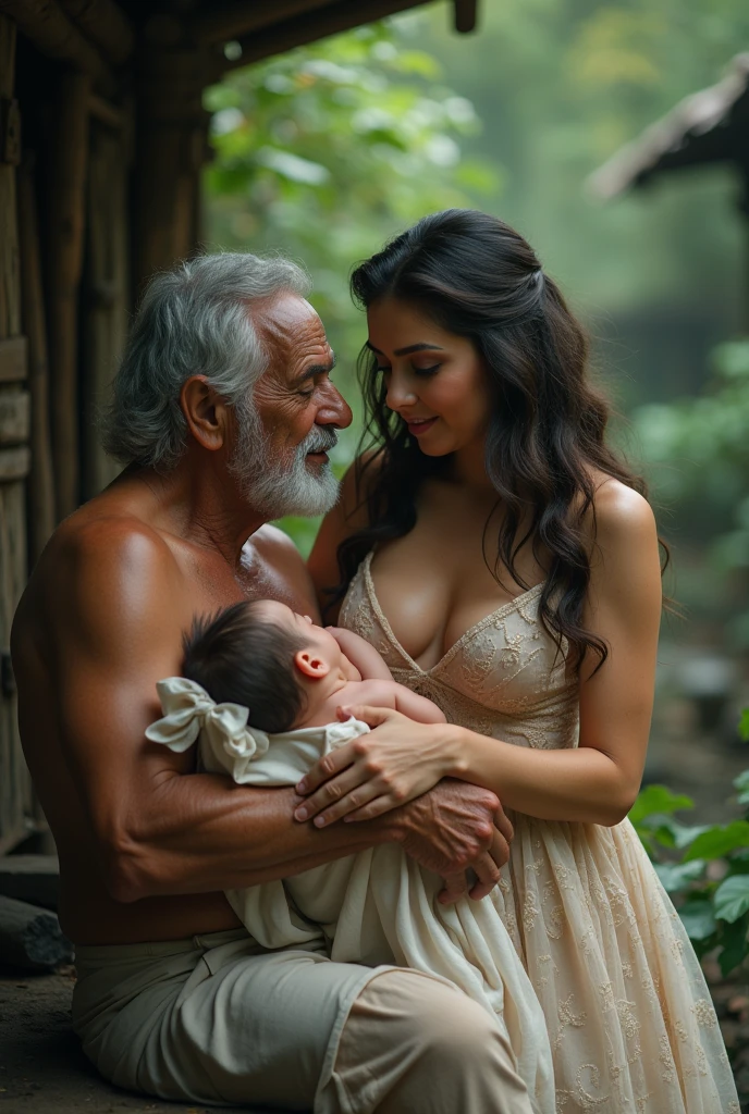 Sexy young woman in transparent dress breastfeeding wrinkled old grandfather inside a hut in a deserted forest settlement in color
