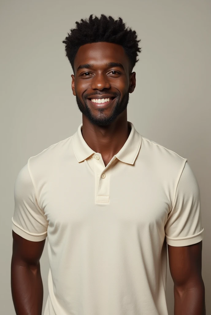 To create the character you want, here is a detailed description of a dark-skinned man in a polo shirt seen from the front:
He is a dark-skinned man, with a serene expression on his face. Her hair is short and slightly wavy., dark brown in color. The eyes are deep brown, and your face is well defined, with strong features and a slight smile. He wears a casual polo shirt, light-colored, with subtle details on the buttons and collar. The posture is confident, with arms at the sides of the body, conveying a relaxed attitude, but be careful.
This describes the look you envision.? I can create an image with that description if you want..