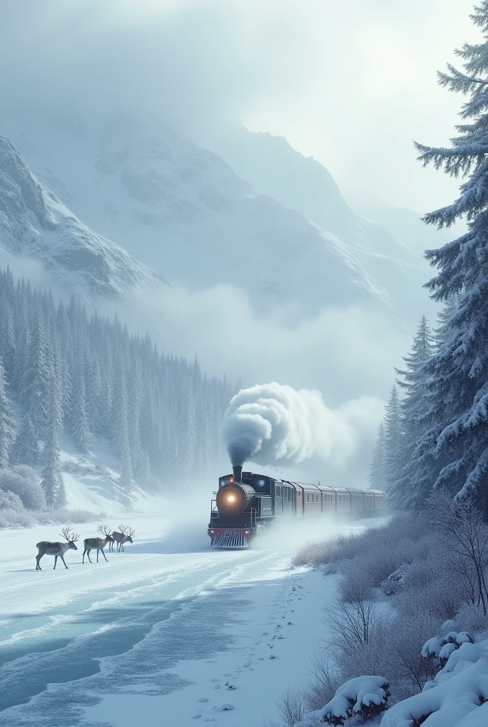 Train in snowy hills and huge icy lake with a lot of reindeers.and blizzard fog