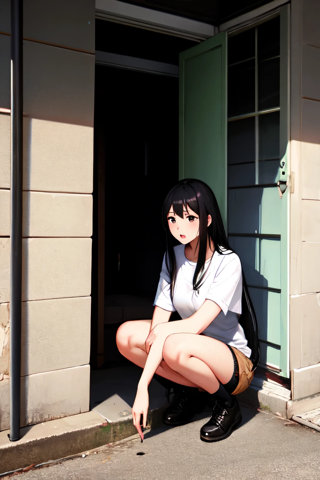 A girl with long black hair squatting and peeing
