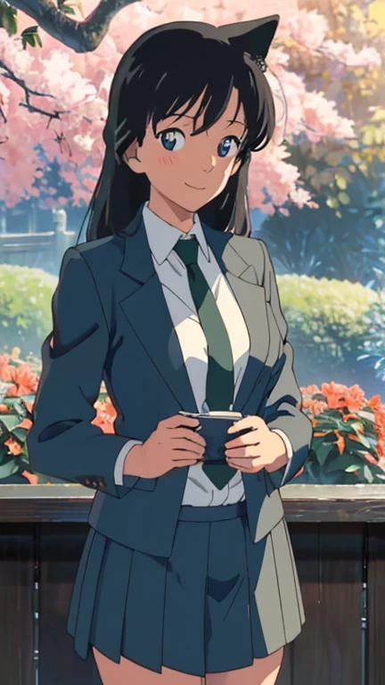 (1girl, solo, highly insanely detailed, masterpiece, top quality, best quality, highres, 4k, 8k, RAW photo),((innocent look)),((Childish)),From the front, symmetrical composition,smile,cute,Innocent,Kind eyes, kotonoha no niwa, park,flowers,lawn,trees, The Garden of Words, (mouri ran), upper body, (((black hair, long hair, wavy hair))), solo, beautiful eyes and detailed face, (medium breast:1.2), (wide hip:1.3), (thick thigh), (long height), ((blush, smile:1.1)), (abs:0.8), ((black hair, black eyes:1.4)), ((1girl, solo)), ((school uniform, green necktie, white shirt, blue blazer, blue jacket:1.2)),