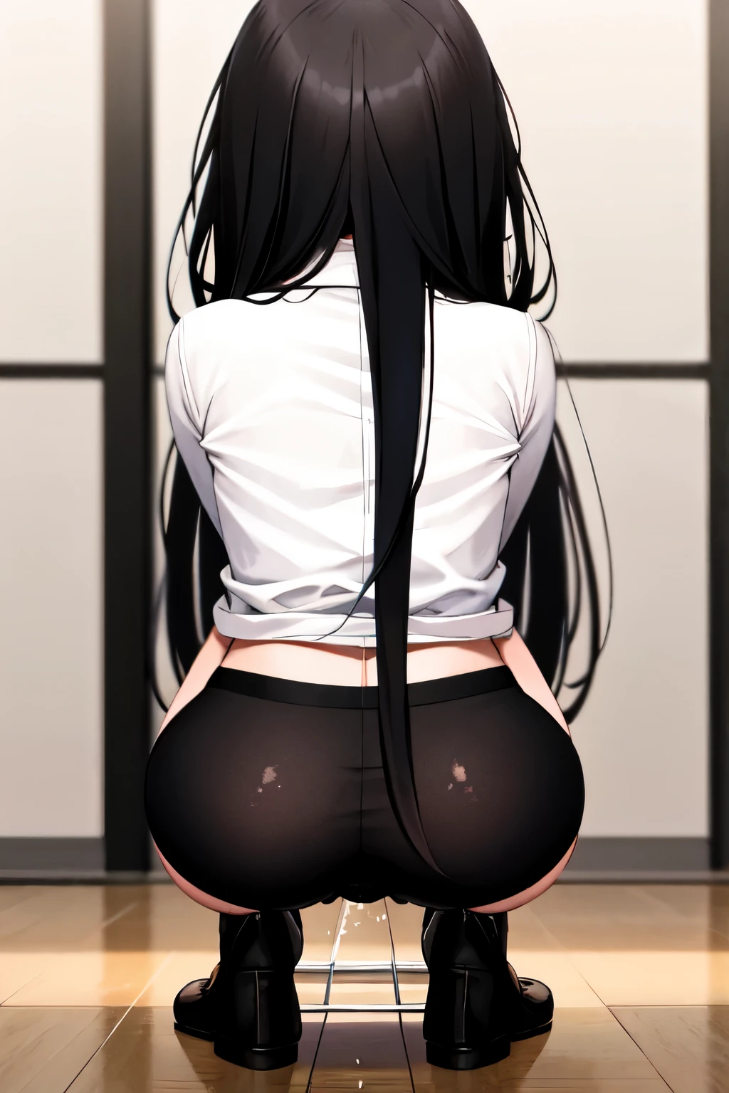 A girl with long black hair squatting and peeing