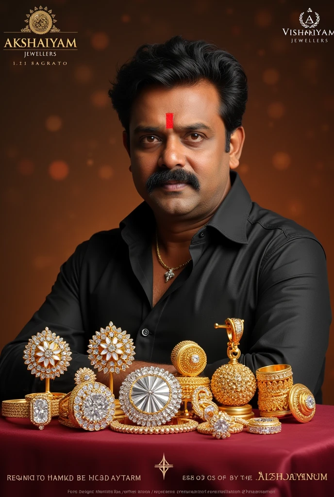 Create advertisement poster for akshaiyam jewellers with gold and silver and dimonds are available use actor Vijayakanth for brand ambassador