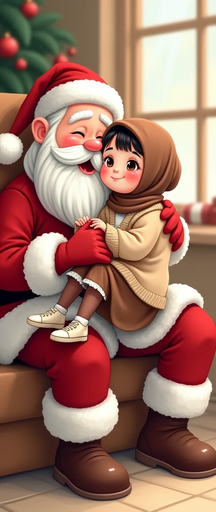 Cartoon with text:
(masterpiece, best quality, 4k, expressive eyes, perfect face, 2d style, flat style, hand drawn, perfect Illustration), perfect cartoon style, toon face, Cute and adorable face, big detailed eyes,, Cute little cartoon girl, with brown hijab on, bangs, wearing oversized beige cardigan, white shirt, brown skirt, ((brown pantyhose, white ruffle socks)), sneakers, on Santa's lap, santa kissing her cheek and rubbing her legs