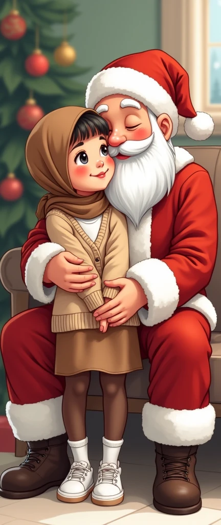 Cartoon with text:
(masterpiece, best quality, 4k, expressive eyes, perfect face, 2d style, flat style, hand drawn, perfect Illustration), perfect cartoon style, toon face, Cute and adorable face, big detailed eyes,, Cute little cartoon girl, with brown hijab on, bangs, wearing oversized beige cardigan, white shirt, brown skirt, ((brown pantyhose, white ruffle socks)), sneakers, on Santa's lap, santa kissing her cheek and rubbing her legs