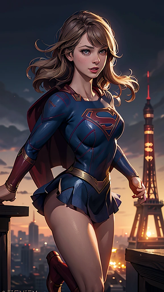 ((Highest quality)), ((masterpiece)), (Familiar), (High resolution), (Realistic), (Realistic), (Best Shadow), Low contrast, (Complex:1.4), Side lighting, 8k, ((Melissa Benoist)), ((Supergirl)), Perfect Face、detailed、(Accurate hand and finger depiction)、Supergirl女性、blonde、Voluptuous body、Big Breasts、Tight waist、Big Ass、Fascinating、glamorous、((On all fours))、Tokyo Tower、Night view