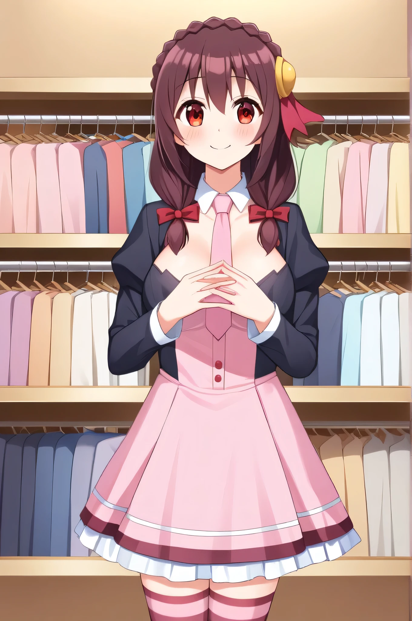 alone, One person, Yunyun, (Happy smile)、 (blush:1.2)、Crown braids of the same color as your hair, Red Eyes、hair ornaments, Hair Ribbon, Pink tie, Black long sleeve, Pink Skirt, Knee socks, Cleavage,、A clothing store with one-piece dresses lined up、Holding a white dress in her hands