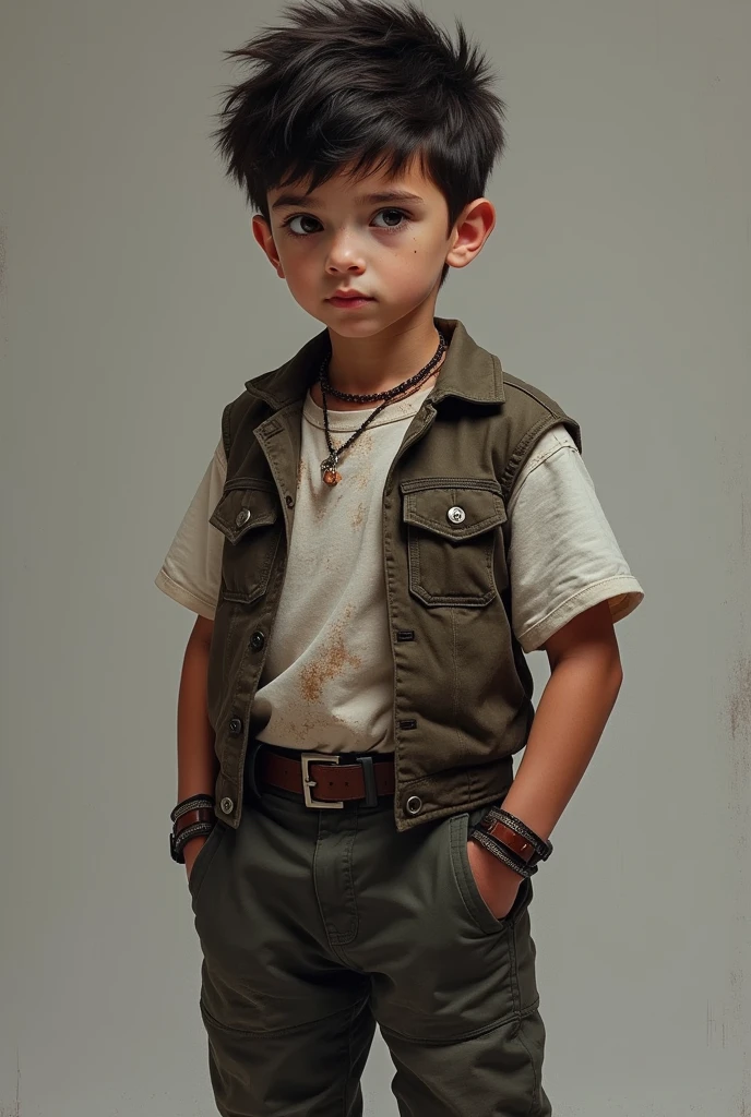 A boy of approximately 1, tall, white skin, very dark brown eyes, wearing bad boy clothes