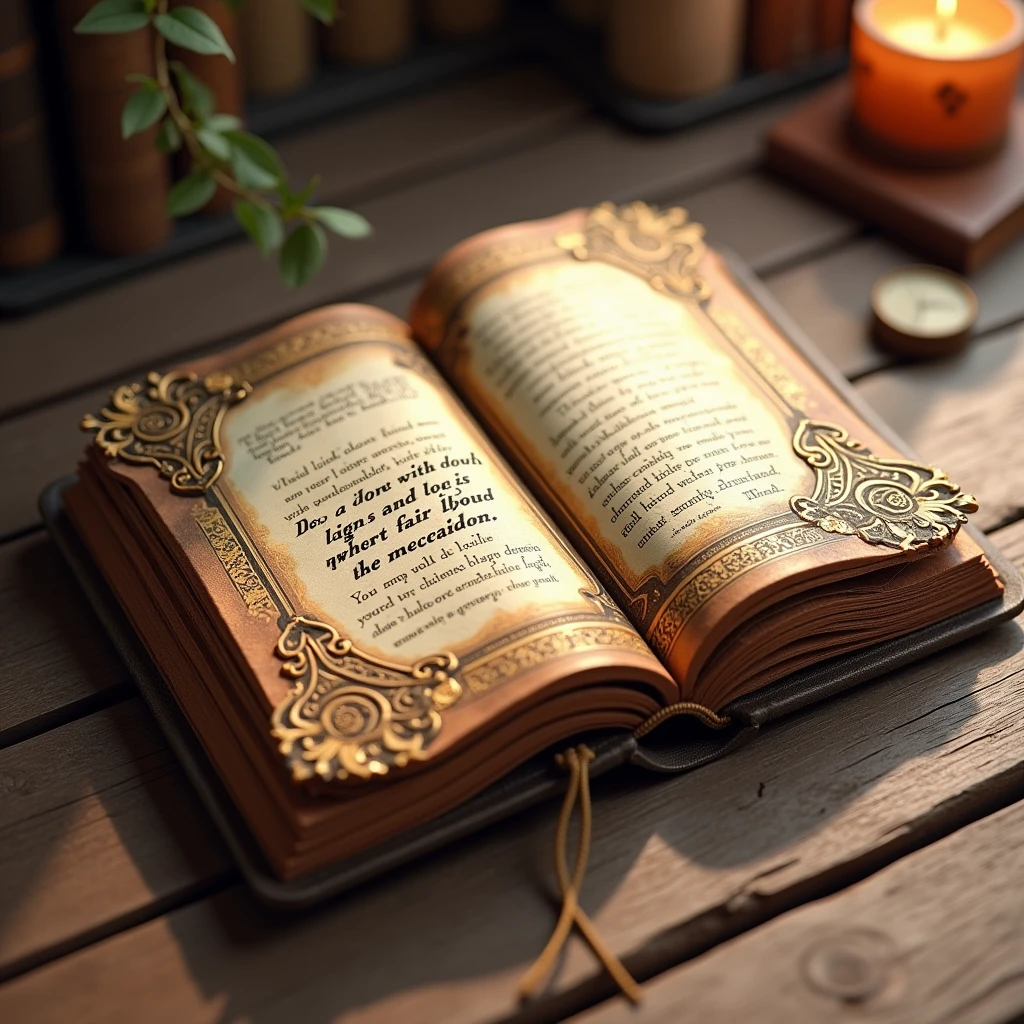 A 3D render of a thick, open book resting on a wooden surface. The book has a worn leather cover and intricate gold designs. The pages are beautifully detailed, with a mix of text and illustrations. On one of the open pages, there is a short, emotional greeting in an elegant, heartfelt font that reads: 'MBBS in abroad, cost effective, value for money with indian food and hostel’. The fonts should be in a dark colour and legible.The book has a warm and inviting atmosphere, with soft lighting casting gentle shadows across the pages, giving a cozy and nostalgic feel.