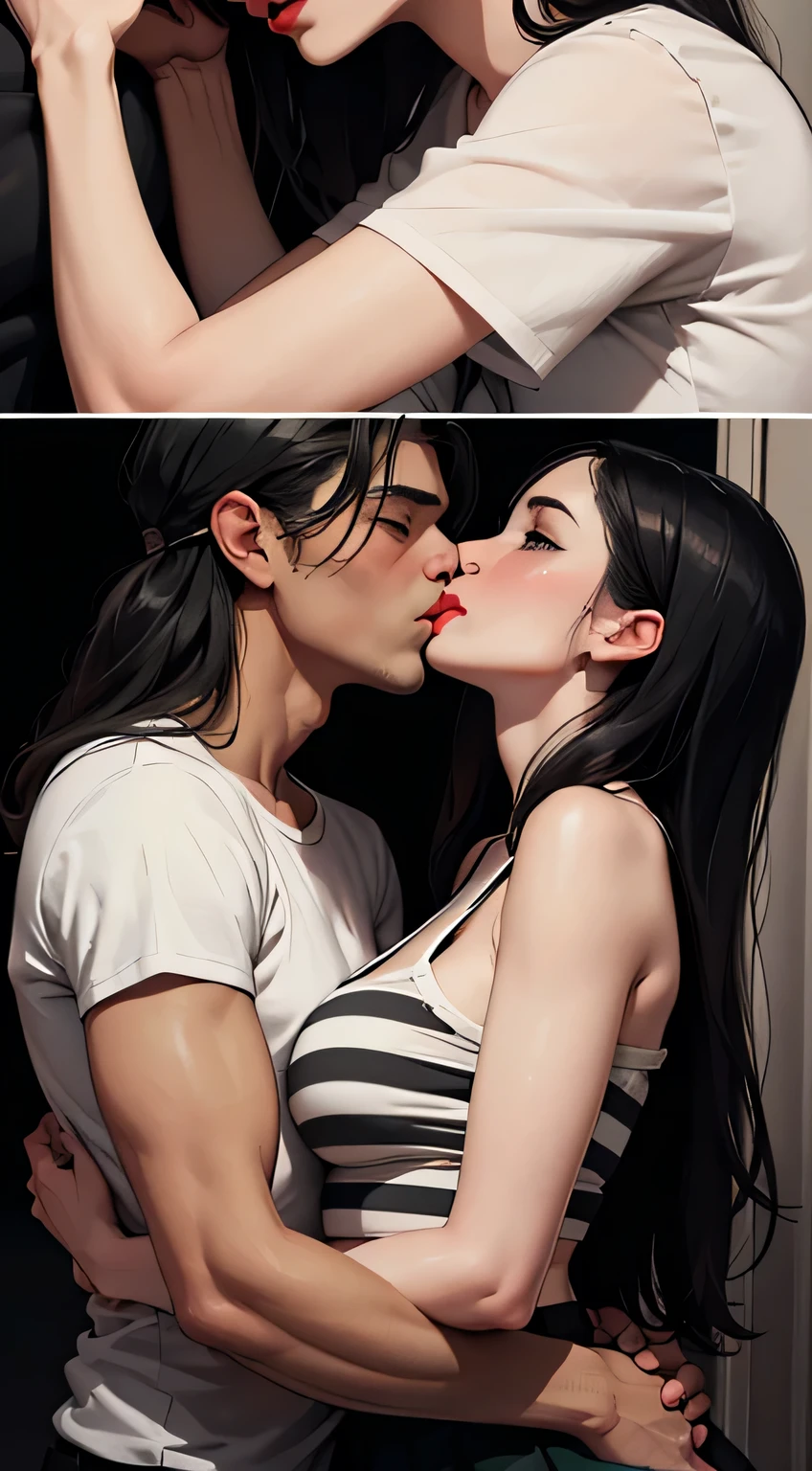 Amazing portrait of a woman who is 30 years old and an adult and a sexy and  woman  wearing a black and white striped t shirt and a dark green skirt kissing and making out passionately with a shirtless boy on the bed in an intimate setting during night time with soft lighting showcasing her red lips and her beautiful face in detail and close up 