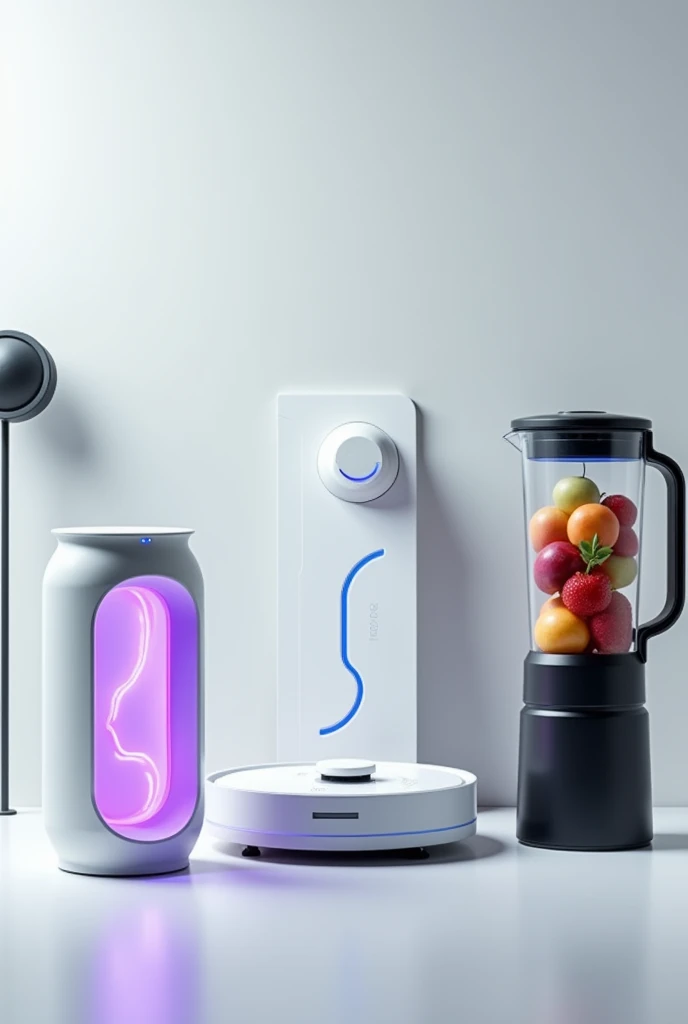Create a super realistic neutral background scene, in a modern and clean style. The scene must include the following utensils:

A tabletop air purifier with a futuristic design, with a purple inner light visible through a white cylindrical structure.
A white robot vacuum cleaner with a minimalist design and blue accents, with a flat and modern surface.
A security lamp with an integrated camera, spherical in shape and prominent lens, with LED lights around the lens for night vision.
A black portable blender with a clear bottle containing fresh fruits, como morangos, kiwis and blueberries, with a compact and ergonomic design, and a side handle for easy carrying.