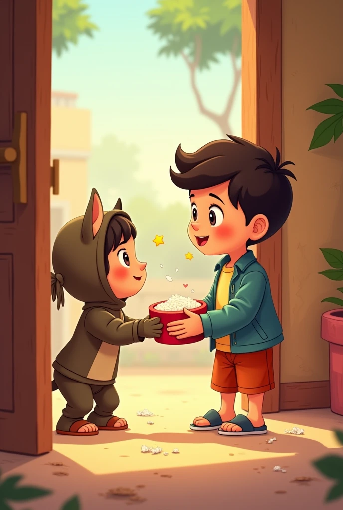 you tube thumbnail of topic moral cartoons stories for kids and also add a cartoon character giving some rice to begger come to his home and also add the name of youtube channel R.K. SQUARE COLLECTIONS