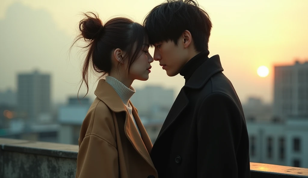 a beautiful japanese woman with messy bun highlighted brown hair, wearing tan coat, turtle neck inner top singing with a handsome japanese man wearing void black coat, turtle neck inner top, in the roof top standing face to face like singing in duet, particles and nice lighting, UHD, HDR, 8k, Masterpiece, close up, realistic, hyper realisitc, over shoulder shot, distance between man and woman