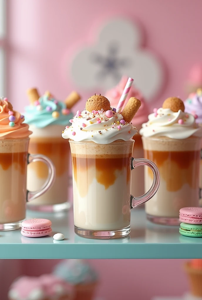 [ultra-realistic 4K render, kawaii cupcake-inspired gourmet drinks in transparent mugs, exaggerated yummy style, Instagram-ready] In a pastel-themed pastry shop, 7 kawaii-inspired caramel hazelnut coffee drinks are displayed in transparent mugs, revealing their beautiful swirls of caramel, hazelnut syrup, coffee, and milk.

Each mug is uniquely decorated:
1. Pastel pink with caramel drizzle, topped with whipped cream, sprinkles, and a mini cupcake.
2. Pastel blue with iced coffee layers, topped with whipped cream, stars, and a chocolate wafer.
3. Pastel lavender with hot caramel latte, topped with hazelnuts and marshmallows.
4. Pastel pink with more caramel, topped with whipped cream, sprinkles, and a macaron.
5. Pastel mint green with frothy coffee, topped with whipped cream and edible glitter.
6. Pastel peach with caramel coffee, topped with whipped cream and edible pearls.
7. Pastel yellow with creamy hazelnut latte, topped with whipped cream, sprinkles, and a candy flower.

These drinks are arranged on a glass shelf, surrounded by other kawaii pastries like cupcakes and macarons. Soft lighting enhances the transparency of the mugs and the rich, vibrant colors, creating a dreamy, Instagram-worthy display.
