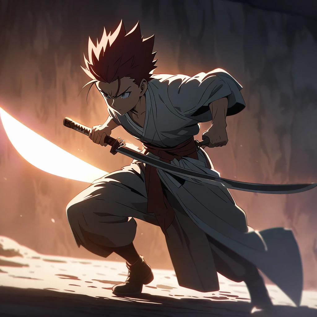 teenagers solo boy,red spiked hair,Create an image of a character gripping the hilt of a sword sheathed at their waist while stepping forward with determination. The character’s stance is dynamic, with one foot firmly planted as they lean into the movement, ready to draw the blade. The focus is on the intense grip on the hilt and the poised, powerful posture. The background is a dimly lit setting, emphasizing the tension and readiness for action, with shadows adding depth and atmosphere,hand righting style,anime style,masterpiece,best quality,ultra-detailed, illustration, detailed light,an extremely delicate and beautiful,