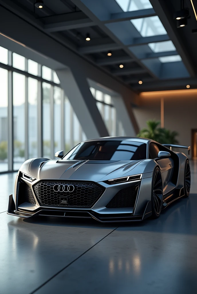 Imagine futuristic Audi r8 crossed with vintage in showroom cinematic effect detailed pic with best quality 2:3 ratio shot on EOS R5 Mark II · 3. Nikon D850 · 4. Panasonic