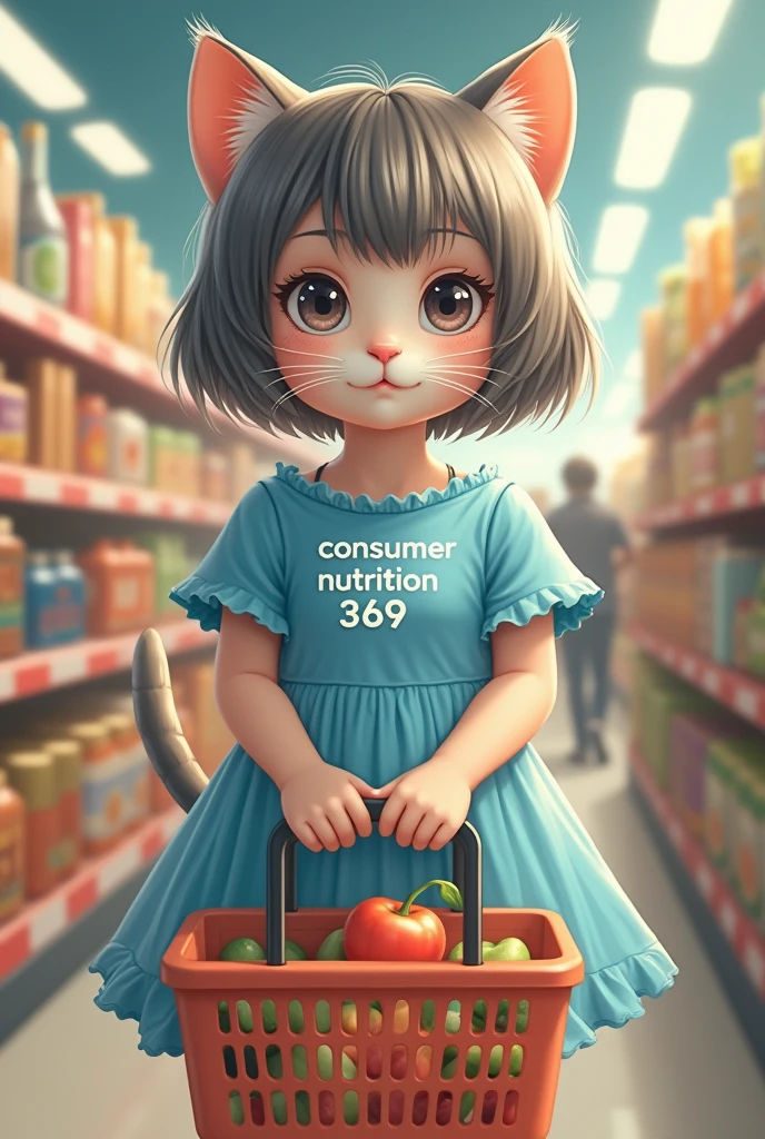 Create for me an image of a short haired girl holding a shopping basket, she wears a youthful blue dress, trên trang phục có dòng chữ "consumer nutrition 369 " , her face is the face of a cute cat, photo size 1:1