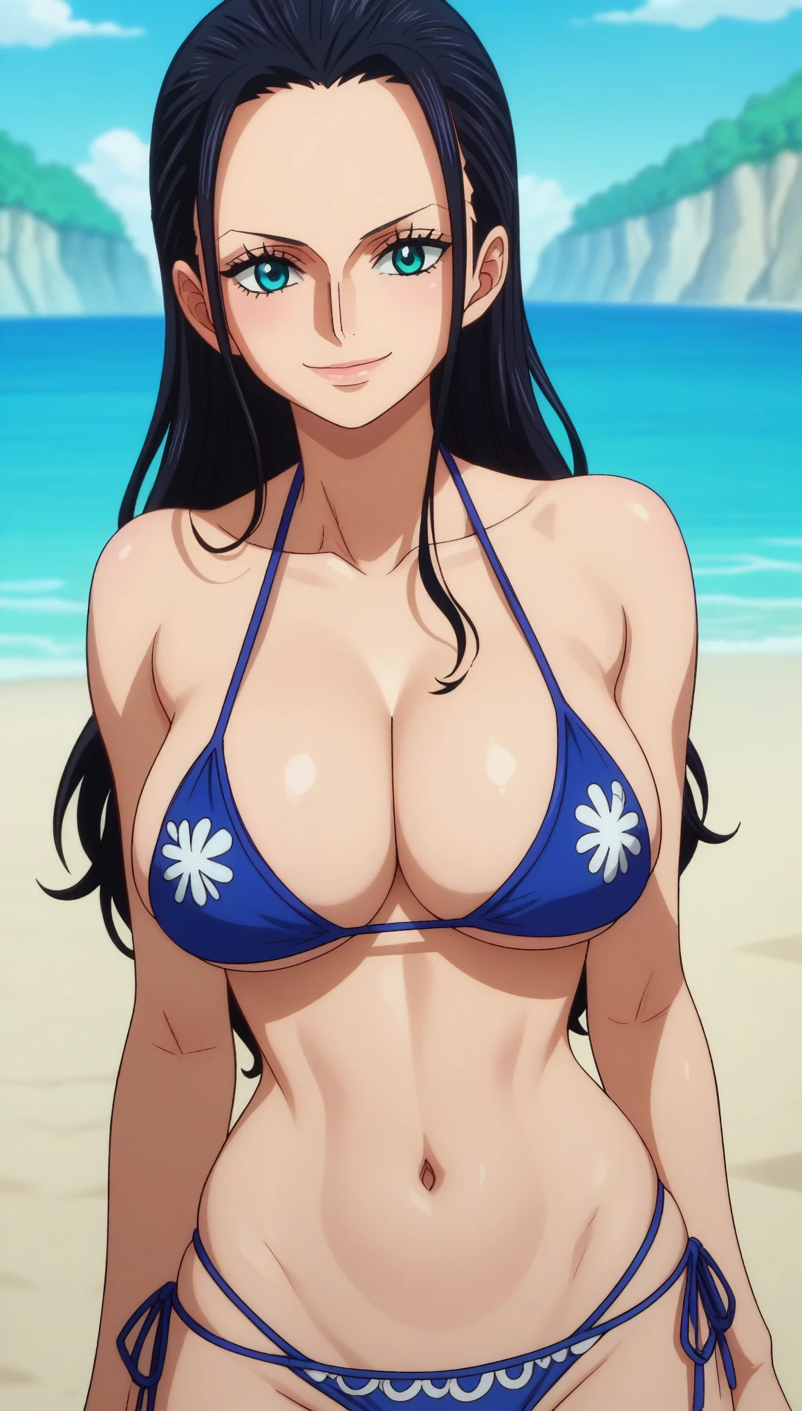 score_9, score_8_up, score_7_up, source_anime, anime screencap, one_piece_style, Nico Robin, black hair, long hair, blue eyes, large breasts, perfect body, bikini, looking at viewer, smile, cleavage, from front, looking at viewer, beach