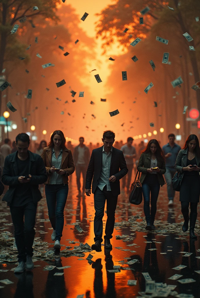 Raining money on fire,  different people walking using cell phones and ignoring, forest in the background on fire 