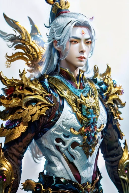 Handsome young xianxia protagonist,man,guy,long silver hair, Crimson red and golden amber eyes combination ,eyes focus detailed((no noice)),(((no noice))),and long silver hair with white undertone,and the golden rune motiv scratched on his forehead((no noice)),use armour featuring like pattern on furr of white Tiger chinese with white dominant color,pauldron protective shape like dragon head,breastplate featuring like white Tiger,breastplate detailed white Tiger shape,shoulder protective dragon shape like white Tiger,sun and moon background, white dominant color,white dominant color, white dominant color armour,with majestic silver line , ((no noice))And majestic golden wings at back,wings at back,terrifying aura around,24K ultra hd,face and eyes detail,lips and face detail,masterpiece ,better quality,ultraa realistic face((no noice)),good face proportion,eyes detailed,((perfect face)),perfect eyes ,perfect face proportion,((balance proportion of face)),((balance and perfect left and right eyes proportion)),((masterpiece))
