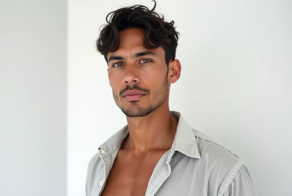 Photograph of Native American male photo retoucher (Whitney Minthorn), exact face, short brunette hair, light skin-tone, slender, slim, thin, tight fitted unbuttoned boxer briefs, unbuttoned shirt, bare chest, (?????, uncircumcised, ????? penis), pubic hair, sweating, correct ??????? for pose, cinematic movie still, full body portrait, natural beauty, high quality, high detail, photograph taken with nikon z8 mirrorless camera with nikkor z 24mm s lens