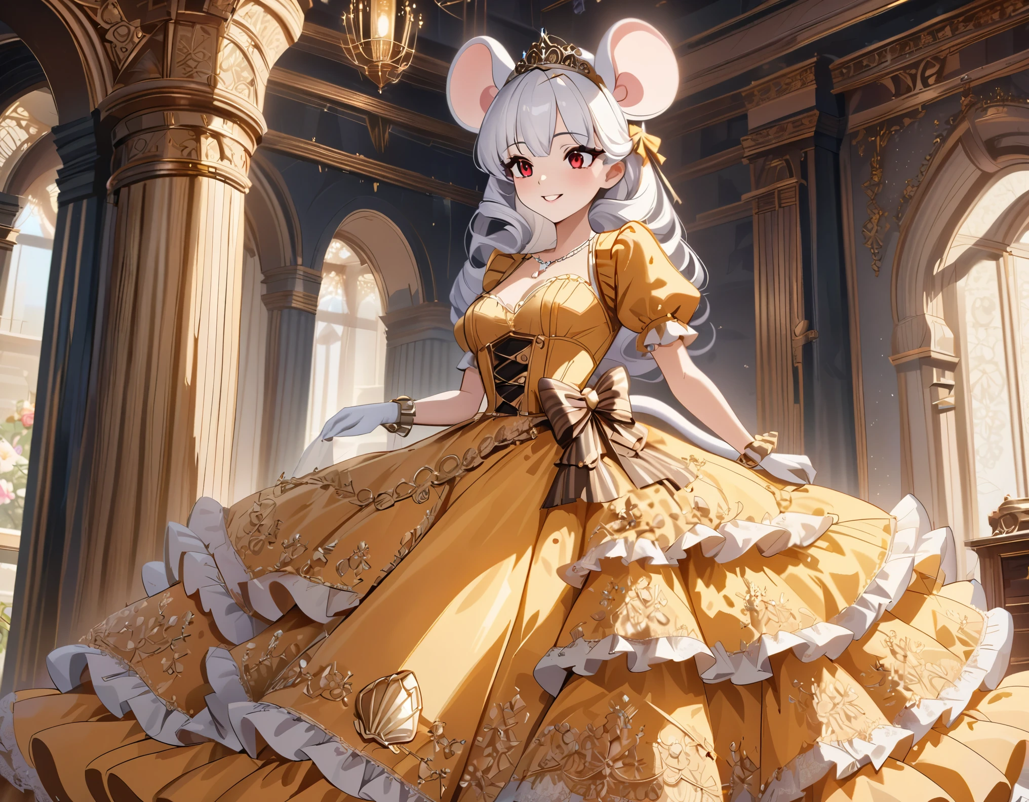 (best quality,4k,8k,highres,masterpiece:1.2), ultra-detailed, Pretty anthropomorphic mouse girl has a princess, drawn in anime style, steampunk, wearing a yellow princess gown with puffy sleeves, steampunk, gorgeous frilly dress design,flowing gown,elaborate lace details,rich textures,contrast stitching,delicate ribbon bows,floral accents, flowers embroidery, full skirt,short sleeves,fitted waistline,flared cuffs,lace-up back,luxurious fabrics,flawless silhouette, long curly white hair and red eyes, white fur, smiling, mouse ears and tail, high heels, white elbow gloves, gold bracelets, tiara made of seashells, beautifully detailed lips with lipstick, long eyelashes, eyeshadow, seashell necklace, in a castle bedroom with intricate decoration and luxurious furniture, flower wallpaper, she is happily checking her new princess dress.