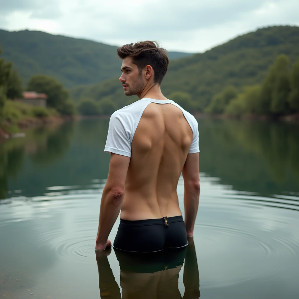 A white man, at 3, model type, with short dark hair, with clear eyes, wearing a full white shirt and black boxers, standing backwards, looking at the camera and showing her ass in a lake in Alentejo