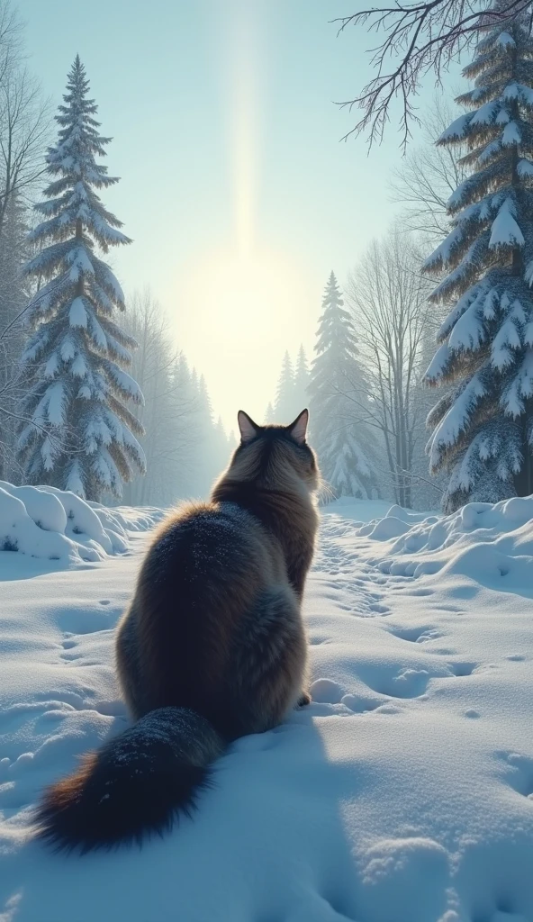 Surrealism、masterpiece、best quality、Film Grain、RAW photos、Magnificent views、wallpaper、Frozen morning landscape、Fresh Snow、Giant Maine Coon cat,Super huge'rear view of、Sun pillar、Rime on deciduous trees、